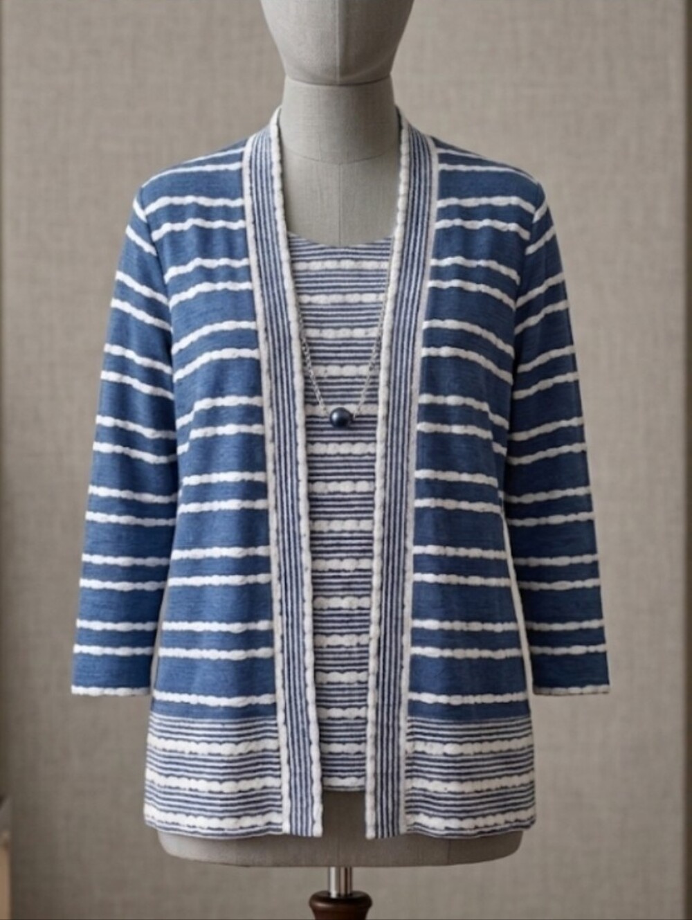Alfred Dunner Women’s Blue White Striped 2-Piece Cardigan Shell Set Size Small